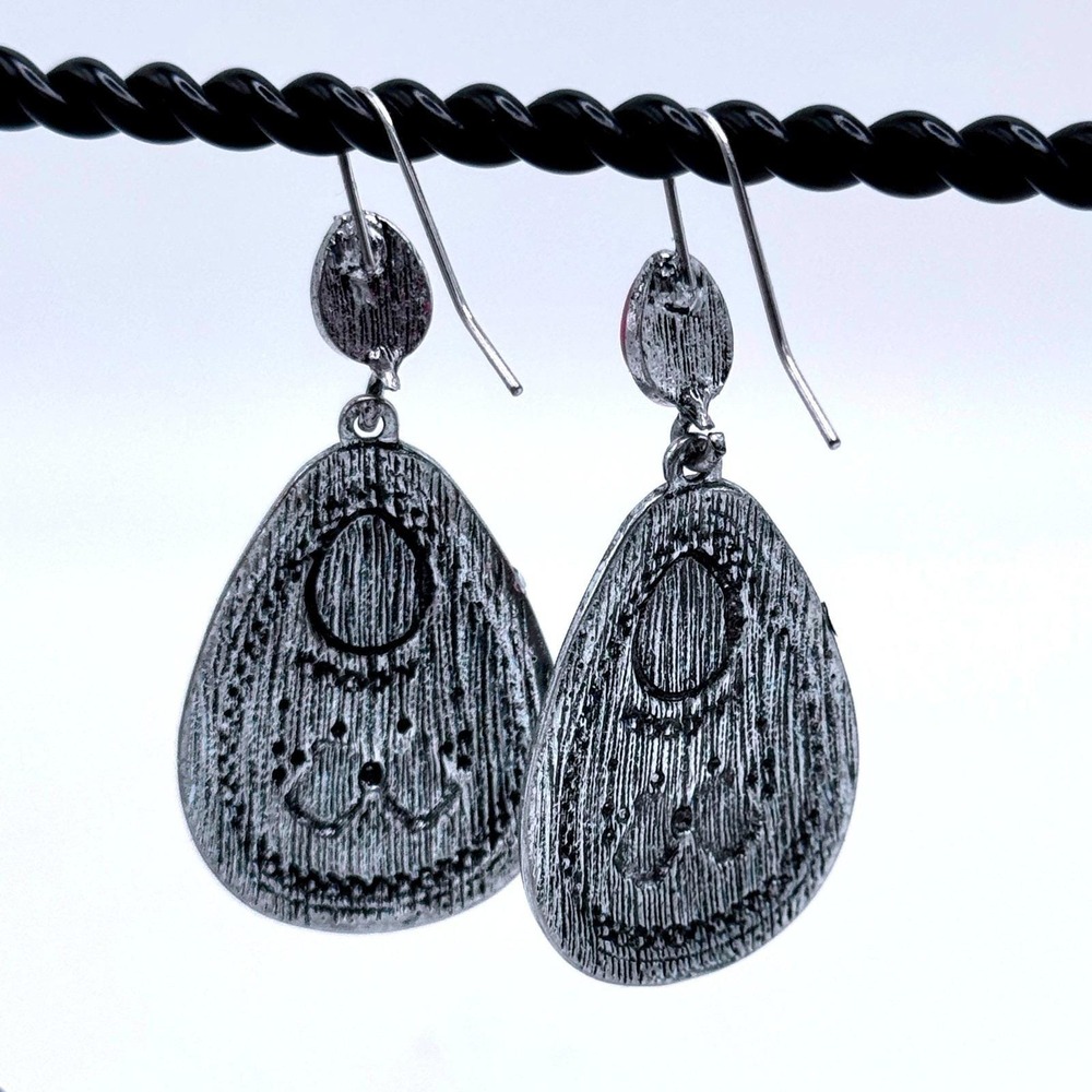 Vintage Silver Tone Red Cabochon Drop Earrings Boho Tribal Dangle Bohemian Retro - Picture 5 of 6